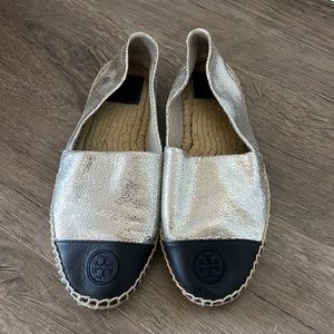 Tory Burch silver and navy rubber bottom espadrille